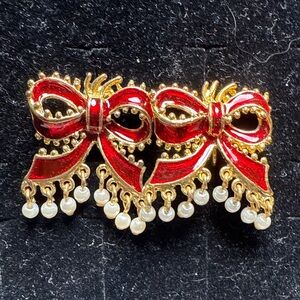 Vintage Clip On Elegant‎ Red and Gold Bow Earrings
